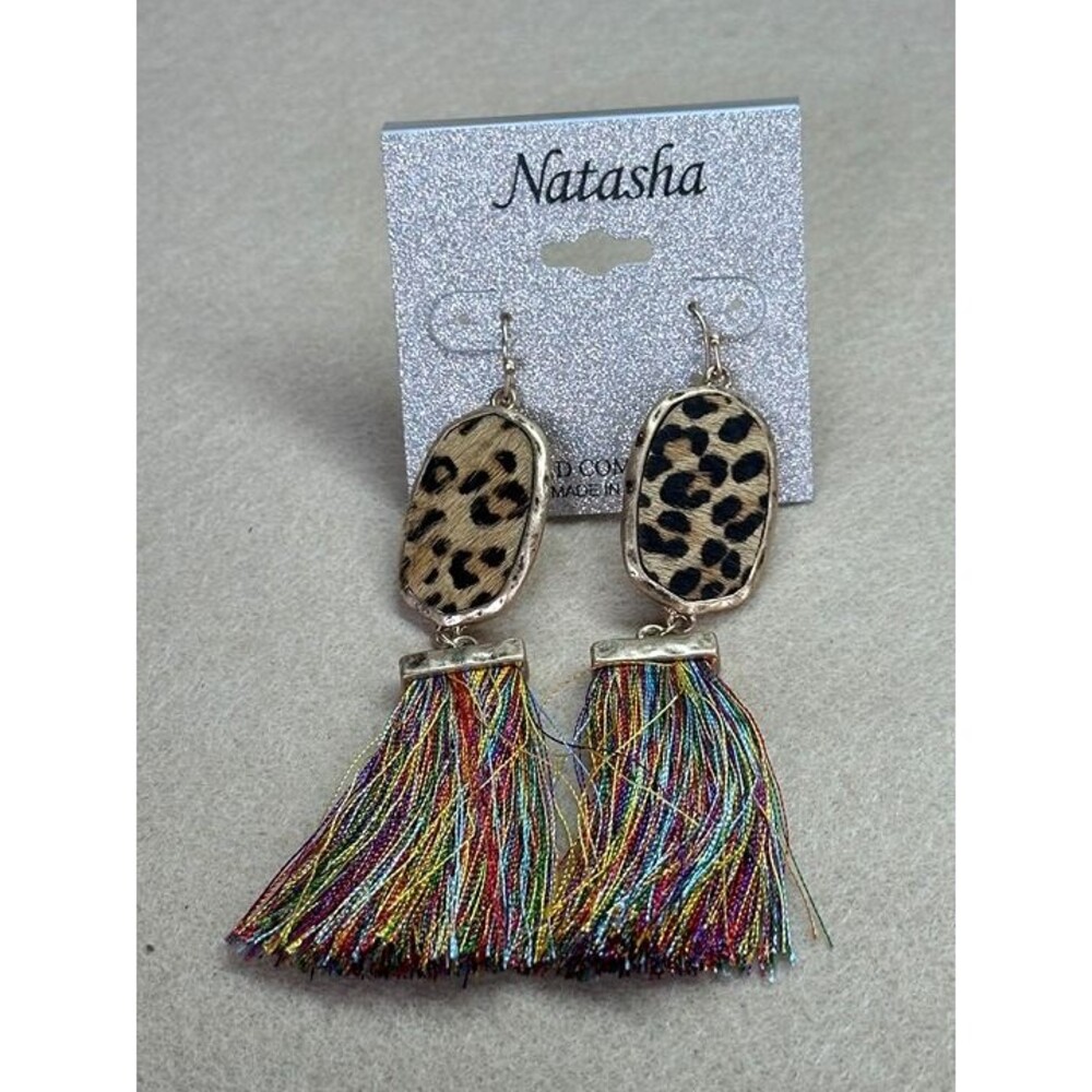 Leopard Print Rainbow Tassel Fringe Dangle Earrings Boho Statement NWT New Gift